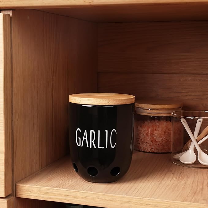 HAOTOP Ceramic Garlic Keeper for Counter, Garlic Saver Container with Wood Lid, Garlic Keeper for Kitchen, Garlic Holder to Keep Your Garlic Cloves Fresh Longer (Black)