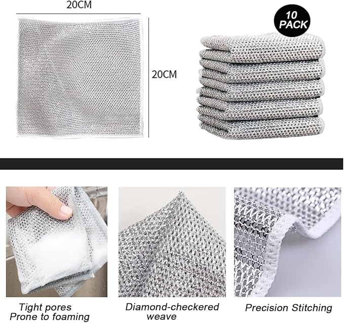 10 PCS Multipurpose Wire Dishwashing Rag for Wet and Dry,Non-Scratch Wire Dishcloth,Scrubbing Wire Dishwashing Rags,Time-Saver Kitchen Wipes Cleaning Cloths (Double Layer)