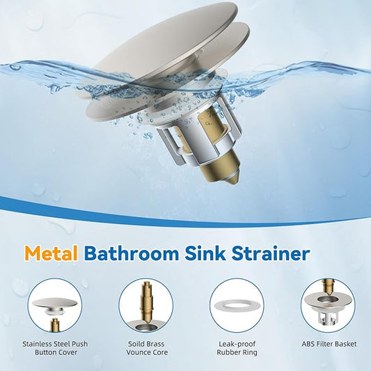 iFealClear 2 Pack Universal Bathroom Sink Stopper, Pop Up Sink Drain Strainer with Hair Catcher Basket, Fit 1.1"-2.36" US Basin, Wash Basin Drain Plug, Big Cover Cap, Brass Bounce Core, Brushed Nickel