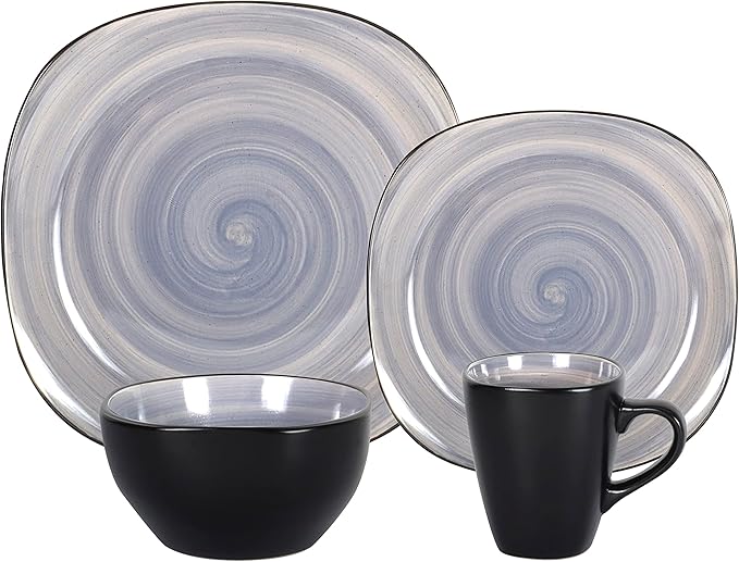 Stoneware Square 16pc Dinnerware Set, Inside Spinwash Swirl Grey + Outside Black
