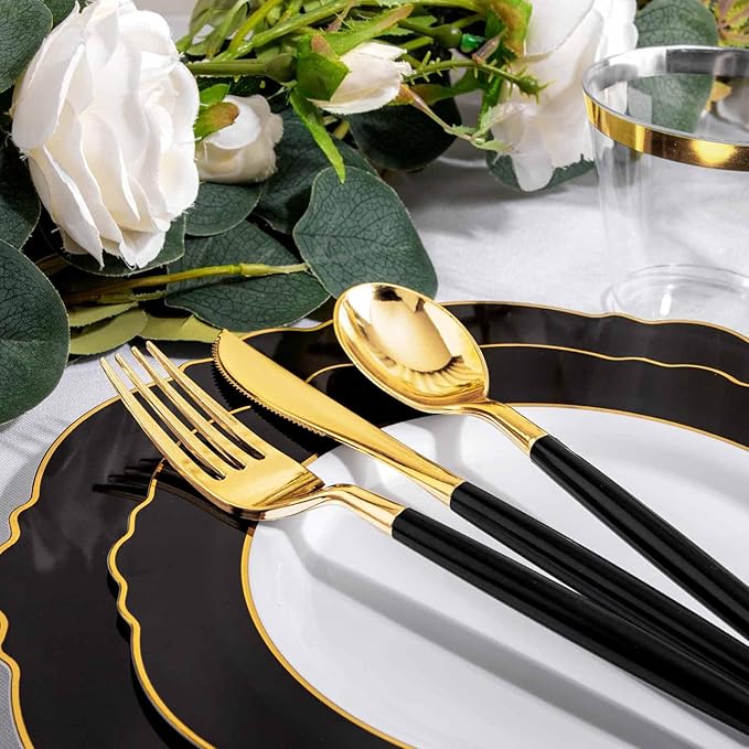 WDF 30Guest Black and Gold Plastic Plates - New Year Plates - Gold Plastic Silverware With Black Handle Baroque Black and Gold Disposable Dinnerware for New Year &Parties