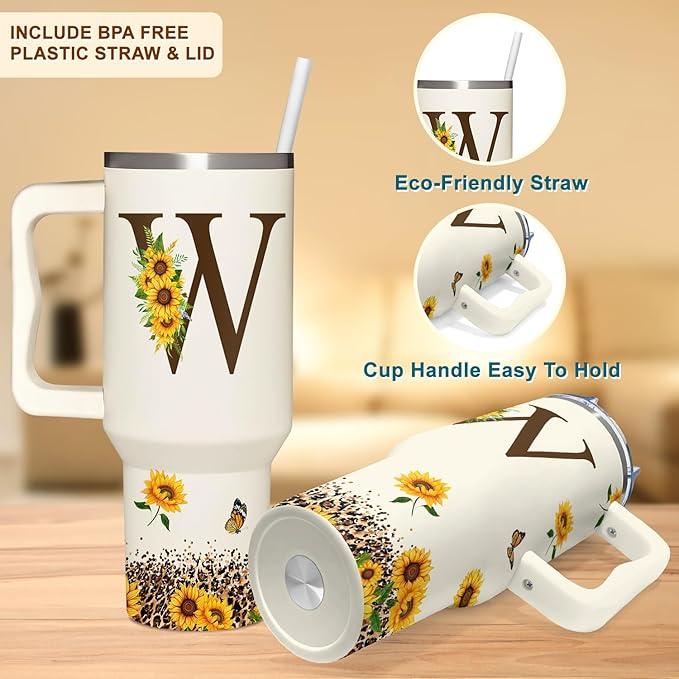 Personalized Birthday Gifts For Women - Sunflowers Monogrammed Cup For Boss Day, Christmas - Customized Gifts For Women, Mom, Wife, Coworkers, Boss Lady, Her - Custom Tumbler With Handle 40oz
