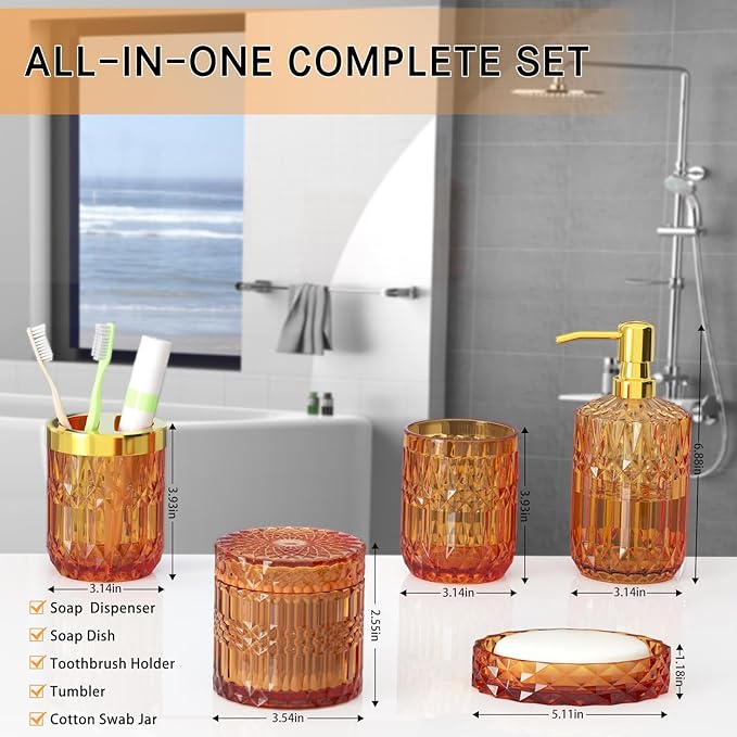 Orange Bathroom Accessories Set, 5 Pcs Clear Glass Bathroom Accessories with Lotion Soap Dispenser, Soap Dish, Toothbrush Holder, Tumbler, Cotton Swab Jars