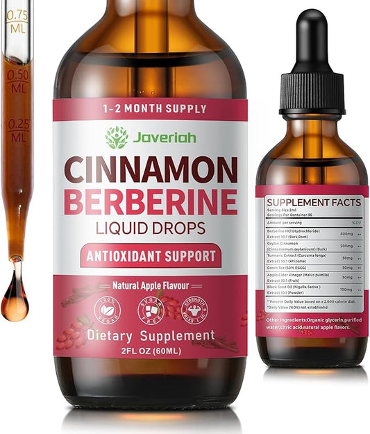 Berberine Drops with Ceylon Cinnamon Bitter Supplement,Berberine HCL Liquid Drops with Turmeric,Green Tea,Apple Cider Vinegar,Black Seed Oil for Overall Support & Digestive System 2 FL OZ