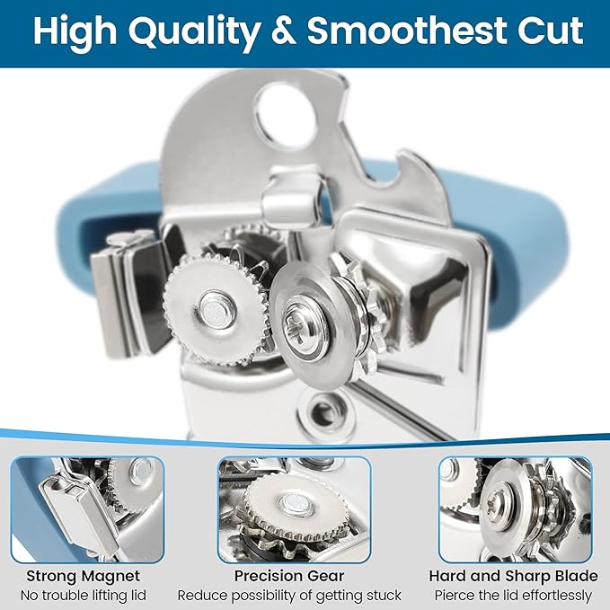 Heavy Duty Manual Can Opener with Magnet and Bottle Opener, Vayvnt Stainless Steel Can Opener, Oversized Handle Easy Use, Multifunctional Kitchen Essentials for Seniors, Sharp Blade&Smooth Edge, Blue