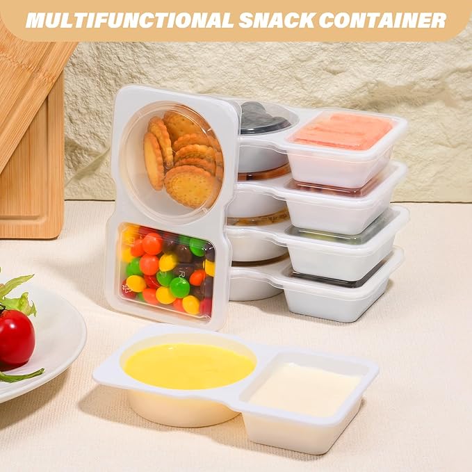 Double Compartment Snack Containers with Lids, 2 Compartment Condiment Container, Plastic Disposable Snack Pack Containers for Sauce, Salad, Food Storage Box(20PCS-White)