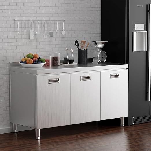 ZZV 59" x 21" Stainless Steel Table Cabinet for Prep & Work, Heavy Duty Prep Table with 3 Pull-Out Doors, Commercial Workbench with Cabinet for Kitchen, Restaurant, Hotel, Garage, and Warehouse