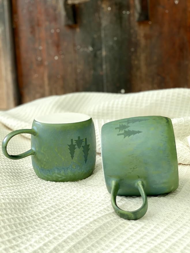 Medium Ceramic Coffee Mug Set of 2, 12 Oz, Stoneware Tea Cup for Office and Home, Dishwasher and Microwave Safe (Forest Green with Three Laser-engraved trees, 2) (Art Deco)