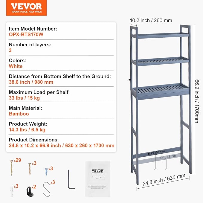 VEVOR Over the Toilet Storage, 3-Tier Adjustable Over Toilet Bathroom Organizer, Bamboo Storage Shelf Rack with 3 Hooks, Freestanding Easy Assembly Laundry Space Saver, Fit Most Toilets, Gray
