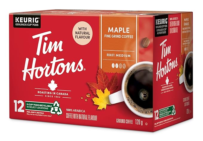 Tim Hortons Maple Coffee, Recyclable Single Serve Keurig K-Cup Pods, Flavoured Medium Roast, 12 Count