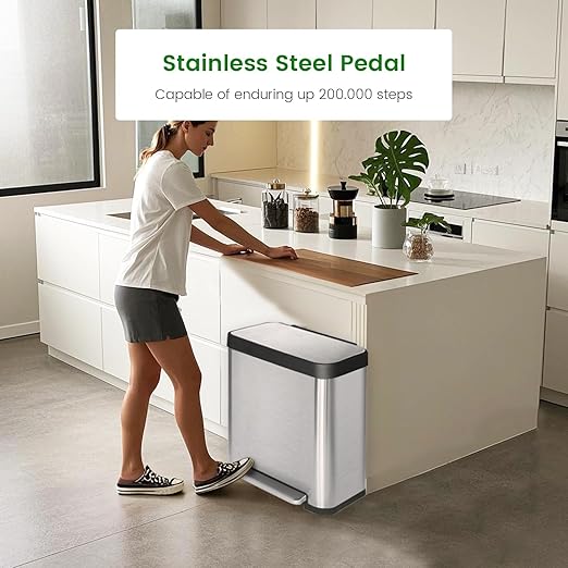 13 Gallon Step Trash Can, Large Capacity Kitchen Garbage Can, Tall Stainless Steel Liner Free Garbage Bin, Rectangular Metal Trash Can with Soft Closed&Stay Open Lid, 50 Liter