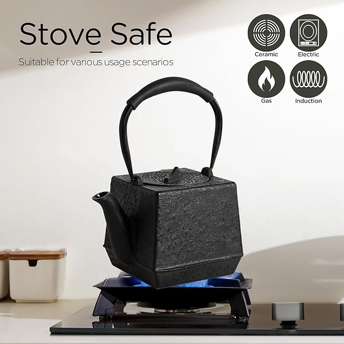 Cast iron Teapot, Tea Kettle for Stovetop Safe with Stainless Steel Infuser,Japanese Hand-made Square Tea Pot Coated with Enameled Interior for 27oz,780ml Black