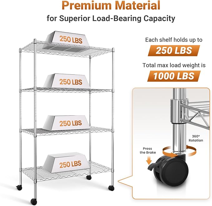 Simple Deluxe Heavy Duty 4-Shelf Shelving with Wheels, 35.43" D x 17.72" W x 61.02" H Adjustable Steel Organizer Wire Rack 1000 Lb Capacity, Chrome, 2 Pack