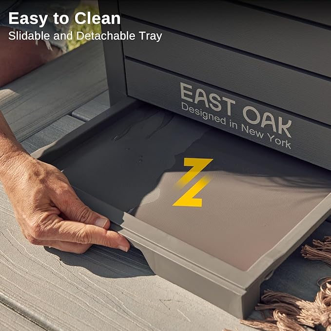 East Oak 38 Gallon Outdoor Trash Can | Waterproof Resin Garbage Can Featuring Tiered Lid & Drip Tray | Outside Trash Bin for Kitchen, Patio | Backyard & Deck | Gray Color