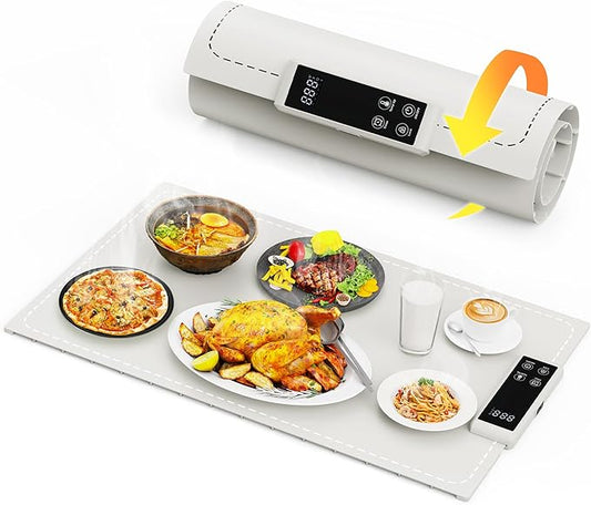 Warming Mat for Food Electric Food Warming Tray Large 24x16in Rapid Full-Surface Heating Portable & Rollable Versatile Food Warmer for Countertop Perfect for Gatherings Parties Everyday Use (White)