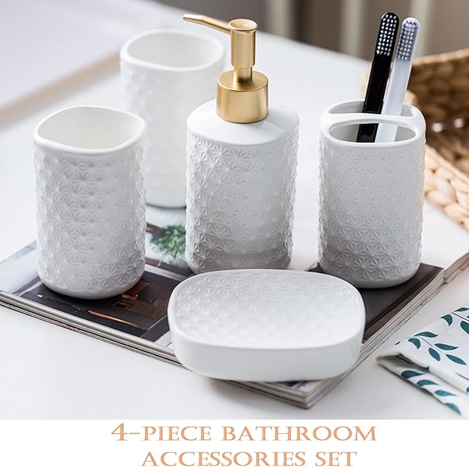 Ceramic Bathroom Accessories Set, 4 Pack Bathroom Ensemble for Bathroom Includes 1 Lotion Dispenser 1 Toothbrush Holder 1 Tumbler 1 Soap Dish (White)