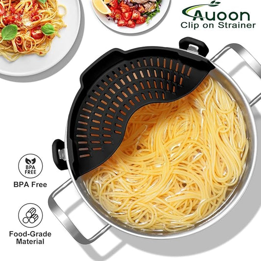 Large AUOON Clip on Strainer for All Pots and Pans - Oversized Silicone Pot Strainer Family-Style Design Pasta Strainer Kitchen Colander for Spaghetti and Noodles | Dishwasher Safe