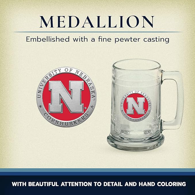 Heritage Pewter Nebraska Cornhuskers Stein Glass | 15 Ounce German-Style Glass | Intricately Crafted Metal Pewter Alma Mater Inlay
