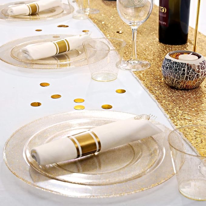 DaYammi 350 Pieces Gold Glitter Dinnerware Set 50 Guest for Party Christmas Plates Disposable - 50 Dinner Plates, 50 Dessert Platos -50 Per Rolled Napkins with Gold Cutlery -50 Disposable Cups 9 OZ