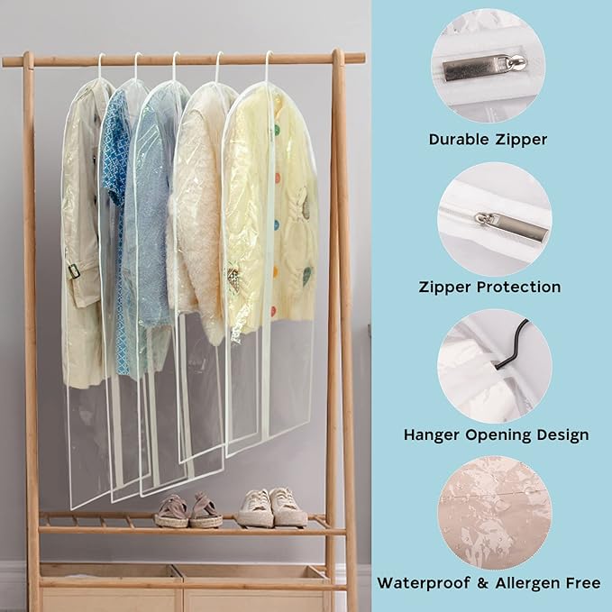 Garment Bags for Hanging Clothes, SMINDER Clear Plastic Bags Full Zipper Suit Bags PEVA Breathable Lightweight Garment Covers for Closet Storage, Suitable for Shirts, Jackets, Gowns (24" x 40"/8 Pack)