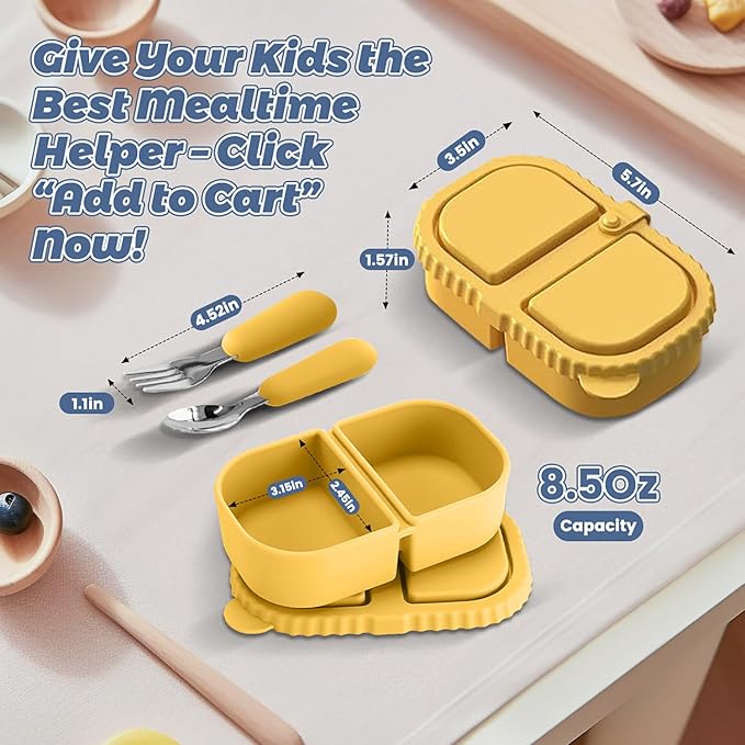 Silicone Snack Containers for Kids (8.5Oz, 2-Compartment)+ Kids Silicone Cutlery Set (Spoon and Fork) - BPA Free, Leak Proof, Great for Toddler/Kid/Adult Meal Prep Containers (yellow)