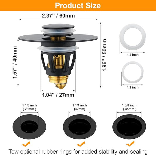 Black Bathroom Sink Drain Stopper, Sink Stopper Fits for 1.25" Drain Hole with 3 Rubber Rings, Anti Clogging Pop up Drain Filter Plug, Wash Basin Strainer with Basket, Matte Black
