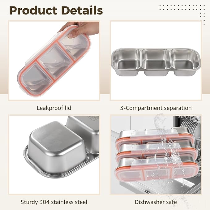 3 Pcs Stainless Steel Snack Containers with Lids, 3 Compartment Divided Food Storage Containers, 304 Steel Leek Proof Bento Lunch Snack Boxes for School, Home, Travel
