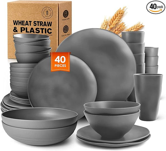 Teivio 40-Piece Flatware Kitchen Plastic Wheat Straw Dinnerware Set,Service for 8,Dinner Plates, Dessert Plate,Cereal Bowls,Pasta Bowls,Cups,Unbreakable Plastic Outdoor Camping Dishes,Irregular Gray