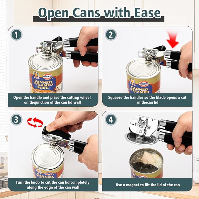 Multifunctional Heavy Duty Can Opener Manual Smooth Edge Can Opener and Bottle Openers with Magnet Durable Sharp Cutting Blade Comfortable Handle Big Effort-Saving Knob Kitchen Tool