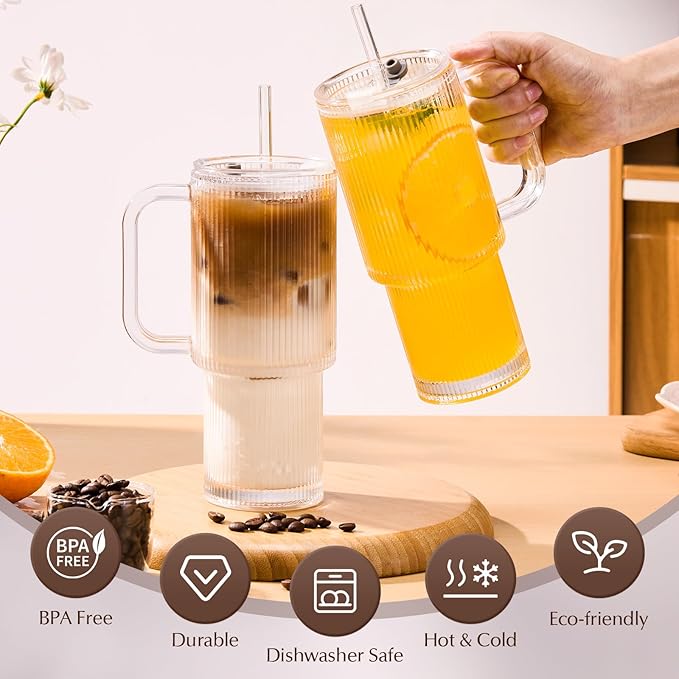 GOSCHE 26oz Glass Tumbler with Straws and Lids, Ribbed Iced Coffee Cups, Thickened Glass Cups Set Ideal for Coffee, Smoothies, Cocktails, and Juices, Clear, 2 Pack