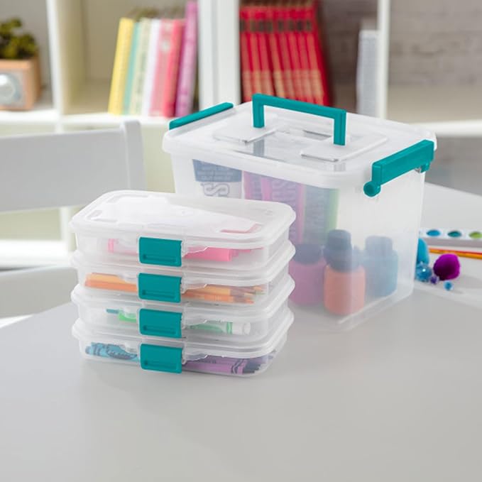 Sterilite Small Divided Pencil Box, Stackable Plastic Small Storage Container with Latching Lid, Organize Pens and Small Items, Clear Case, 12 Pack