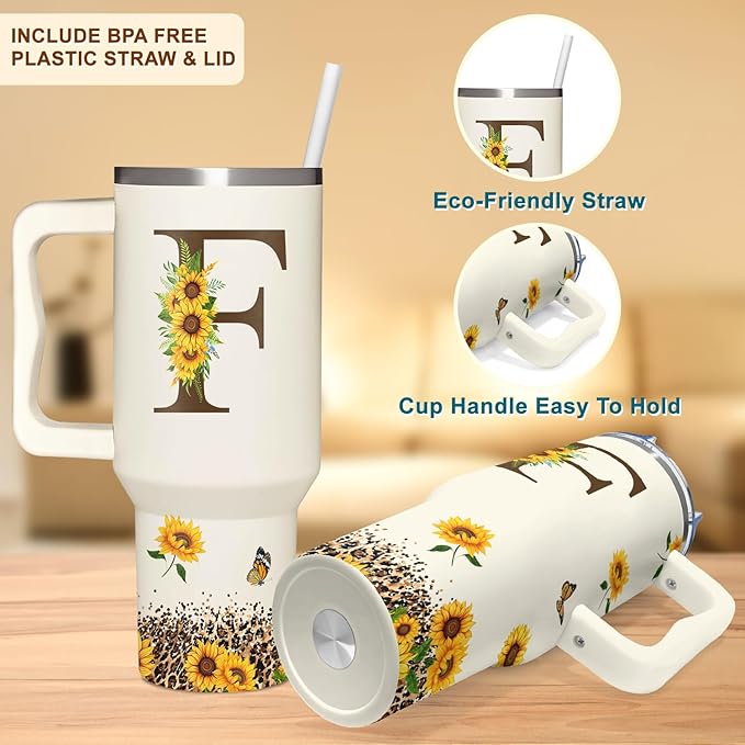 Personalized Birthday Gifts For Women - Sunflowers Monogrammed Cup For Boss Day, Christmas - Customized Gifts For Women, Mom, Wife, Coworkers, Boss Lady, Her - Custom Tumbler With Handle 40oz