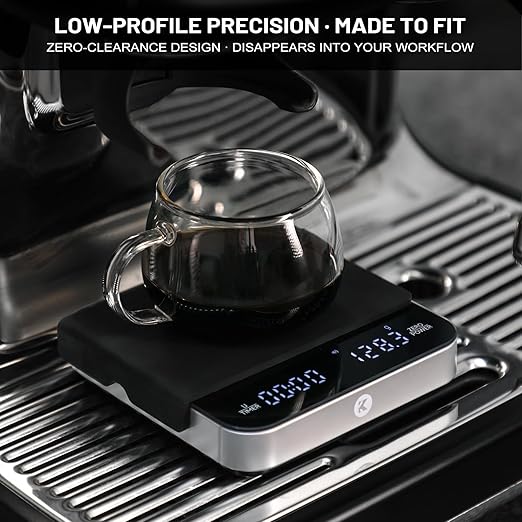 KitchenTour CaféMetric Coffee Scale with timer 0.1g/2000g - Precision Scale for Espresso & Pour over - Water flow Speed Mode and Coffee powder-to-liquid ratio Mode - Rechargeable, LED Display - Silver