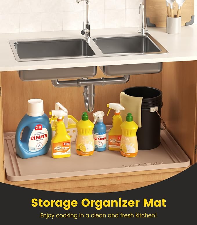 Under Sink Mats for Kitchen Waterproof, Cut to Fit Under Sink Drip Tray for Kitchen Bathroom Cabinets, Silicone Under-Cabinet Hold Up to 3.3 Gallons Liquid, 34" X 22" Or Smaller -Khaki