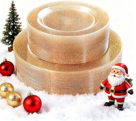 WDF 120PCS Gold Plastic Plates- Disposable Gold Glitter Plates, Premium Heavy Duty 60-10.25" Dinner Plate and 60-7.5" Salad Plate for Christmas Parties &Wedding