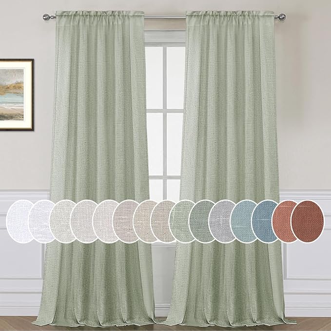 H.VERSAILTEX Sage Linen Curtains 108 Inches Long for Living Room 2 Panel Set Rod Pocket Top Drapes Light Weight Cotton Textured Semi Sheer Curtain for Large Window Patio Door Vertical 9 FT Tall