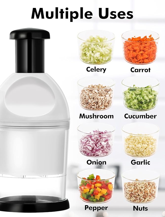 Food Chopper, Hand Chopper Dicer Easy to Clean, Manual Slap Vegetable Chopper Onion Cutter, Garlic Chopper Mincer for Onion, Nut, Tomato, Pepper, Celery, etc, White