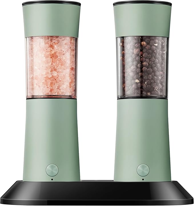 Gravity Electric Salt and Pepper Grinder Set–USB-C Rechargeable Charging Base Pepper Mill, Dual LED Light, Adjustable Coarseness,One-Handed Operation, Stainless Steel Sage Green Finish,2pack