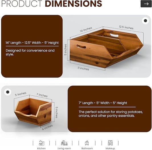 HOLANA Acacia Wood Potato and Onion Storage Bin, Potato Storage, Pantry Baskets, Vegetable Storage, Onion and Potato Storage Bins, Wooden Pantry Bins, Stackable Potato Bins (Patent Pending)
