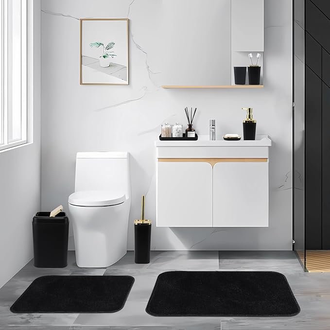 Bathroom Set - Black Bathroom Accessories Set, Bathroom Sets with Shower Curtain and Rugs, 24PC Shower Curtain Set with Hooks, Soap Dispenser, Soap Dish, Toilet Brush Holder and Trash Can