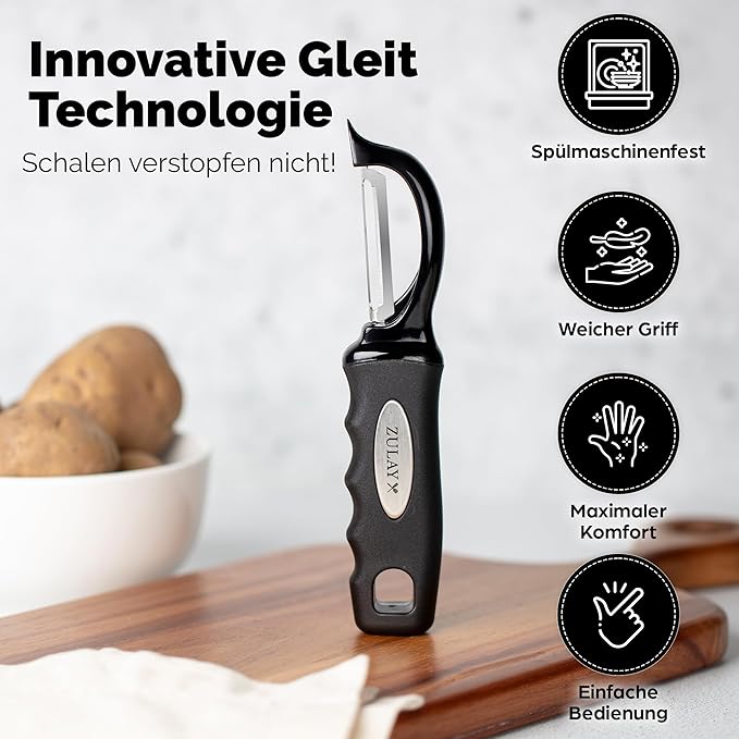 Zulay Kitchen Premium Vegetable Peeler for Kitchen - Swivel Peeler with Razor Sharp Stainless Steel Blades & Strong Ergonomic Handle - Dishwasher Safe, Easy To Use with Blemish Remover - Black