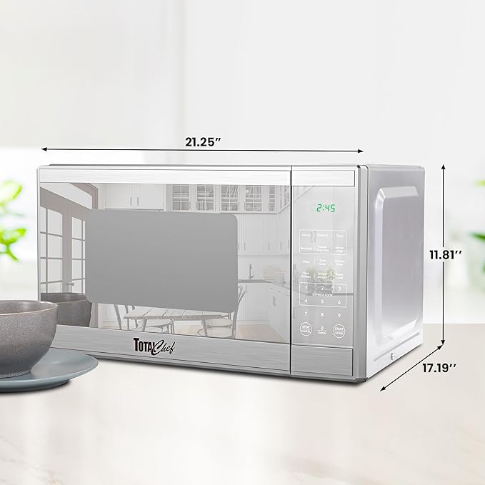 Total Chef 1.3 Cu Ft Microwave Oven – Compact Countertop Kitchen Appliance, Small Stainless Steel Microwave with Digital Touch, Pre-Set Functions, 12.8” Turntable, 1100 Watt