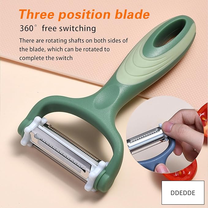 3-in-1 Rotary Vegetable Peeler with 3 Blades - Multi-Function Stainless Steel Peeler & Julienne Slicer - Ergonomic Non-Slip Grip Handle for Potato, Carrot, Fruit, Tomato, Kitchen Gadgets (Green)