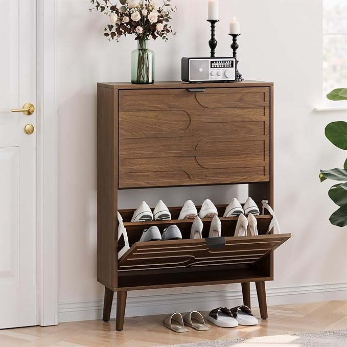 Vibe & Dine Shoe Cabinet with 2 Flip Drawers, Modern Shoe Storage Organizer for Entryway Slim, Freestanding Wood Shoe Rack Cabinet for Hallway, Bedroom, Living Room, Walnut