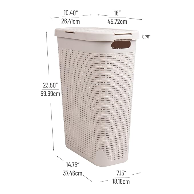 Mind Reader Slim Laundry Hamper with Lid, 40L Clothes Basket, Premium Wicker Design, Plastic, Set of 2, Ivory