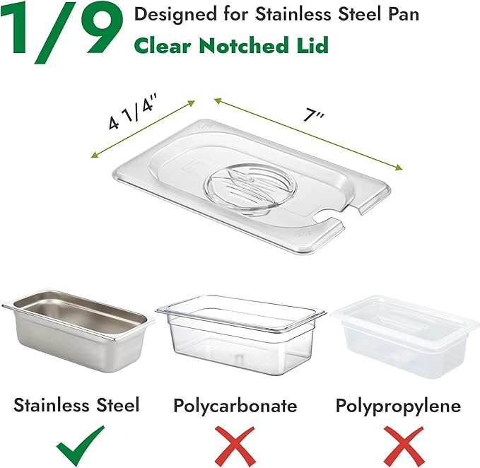 HECMAC 6-Pack 1/9 Size Slotted Hotel Pan Clear Cover, Only for Stainless Steel Food Pan, Polycarbonate