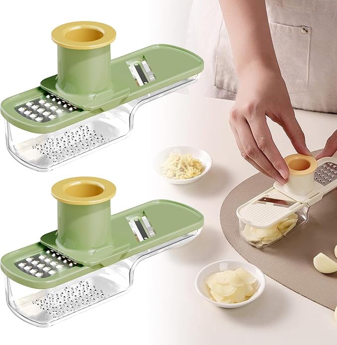 Multifunctional Garlic Grinder & Mandoline Slicer,2025 New Mini Ginger Garlic Grinding Planer Chopper Hand Press Vegetable Mandoline Cutter Tool with Container (Green/2PCS)
