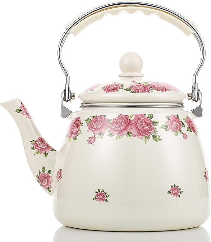 Tea Kettle Pot for Stove Top,Porcelain Large Enamel Teakettle,3.3L Colorful Teapot Floral Ceramic for Stovetop,Retro Classic Design