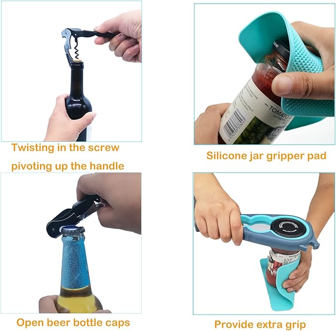 Otstar 6-in-1 Jar Opener & Bottle Opener Set for Weak Hands - Multi-Function Kitchen Opener Tool for Seniors with Arthritis, Elderly - Includes Jar Lid Gripper Pad, Corkscrew Opener