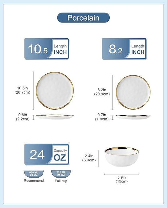 LOVECASA 12 Pieces Plates and Bowls Sets, Porcelain White and Gold Dinnerware Sets, Round Dinner Plates Dishes Set Service for 4, Dishwasher Safe and Scratch Resistant, White